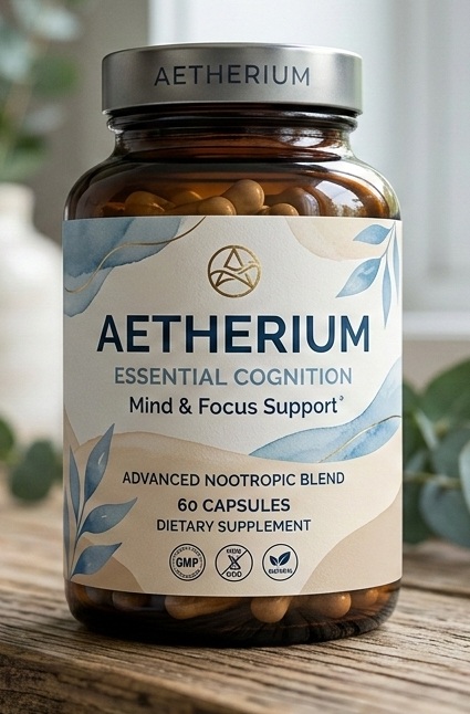 AETHERIUM supplement pack placed on a light Scandinavian wooden surface